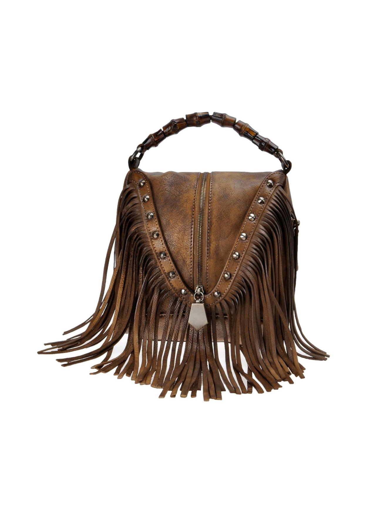 ZLYC Leather Bamboo Hand Strap Fringe Bohemian Tassel Cross Body Bag - Brown