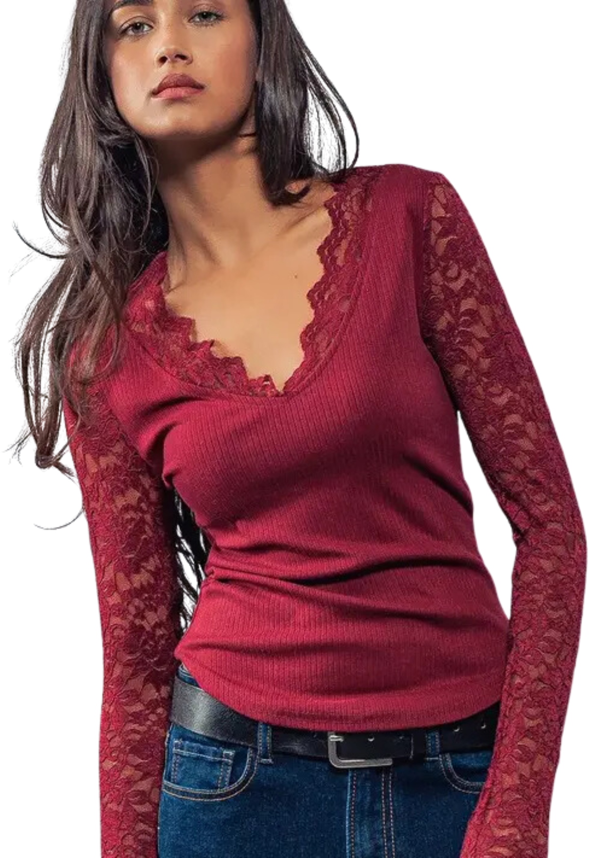 Vivianne Lace Sleeve Top - Burgundy