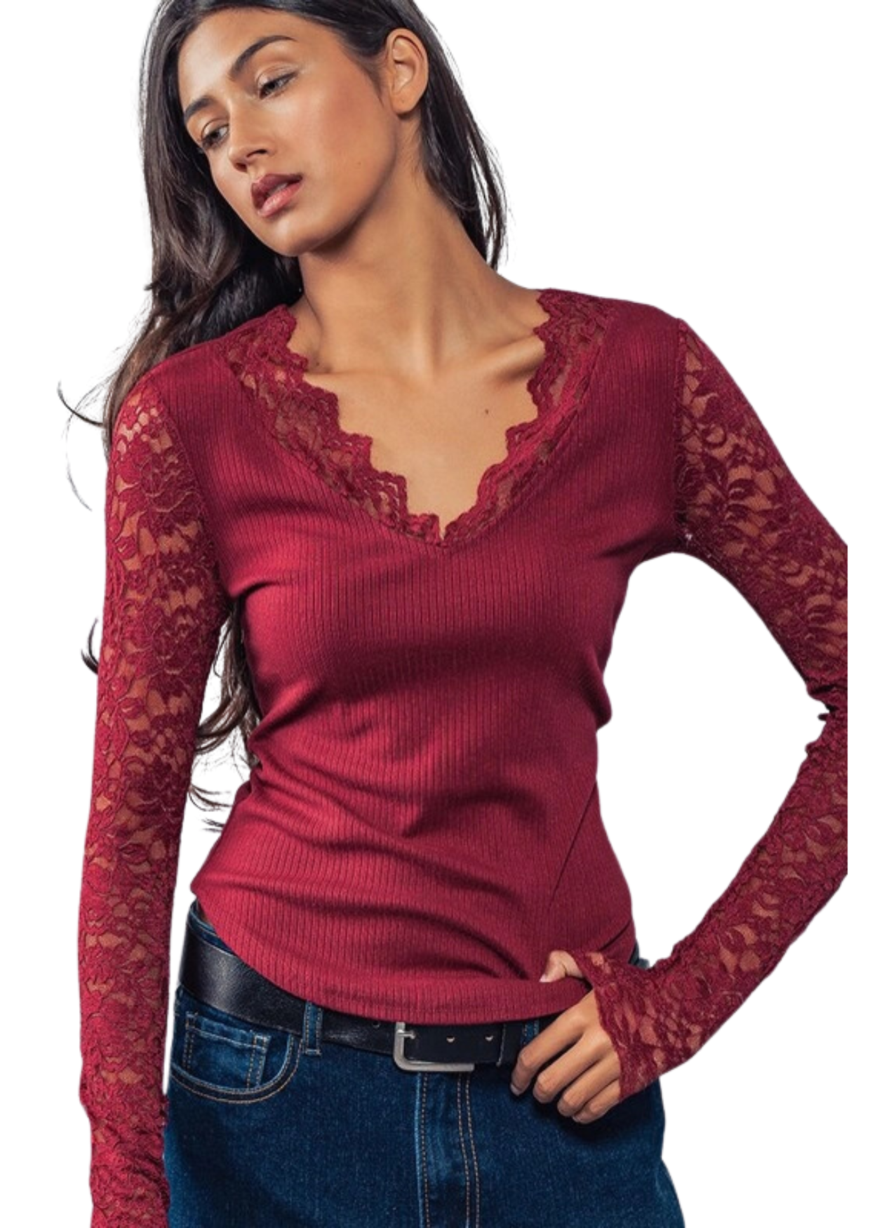 Vivianne Lace Sleeve Top - Burgundy