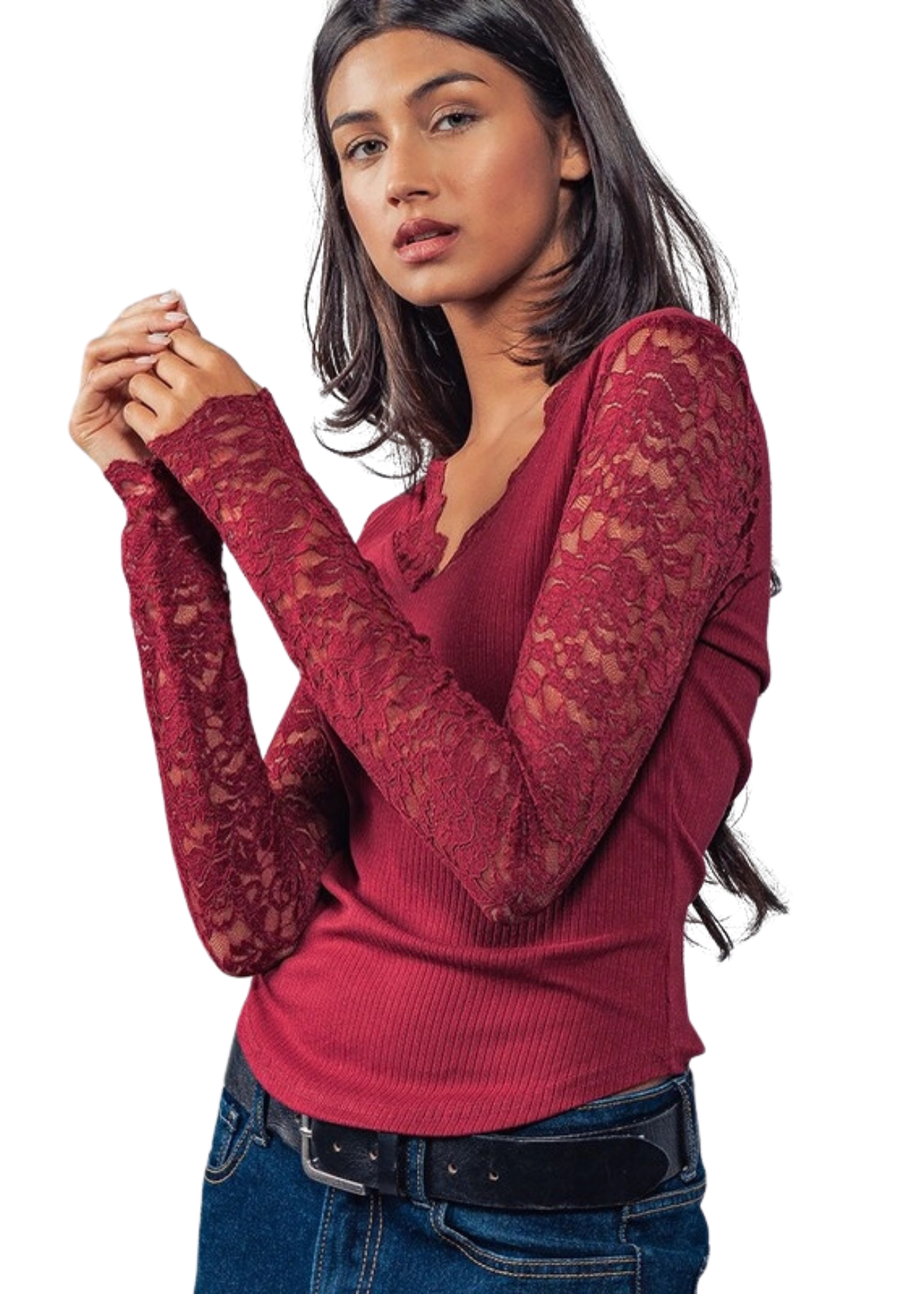 Vivianne Lace Sleeve Top - Burgundy