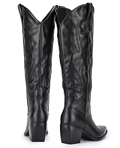 Pasuot Knee-High Wide Calf Cowgirl Boots - Black