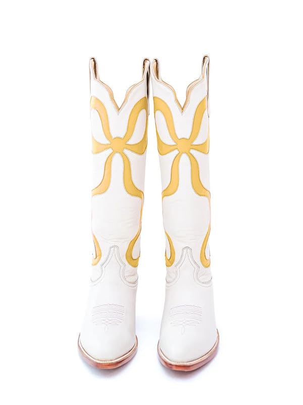 MissHeel Knee High Cowboy Boots Women White Cowboy Boots with Yellow Bows