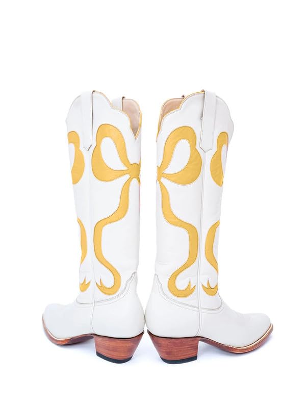 MissHeel Knee High Cowboy Boots Women White Cowboy Boots with Yellow Bows