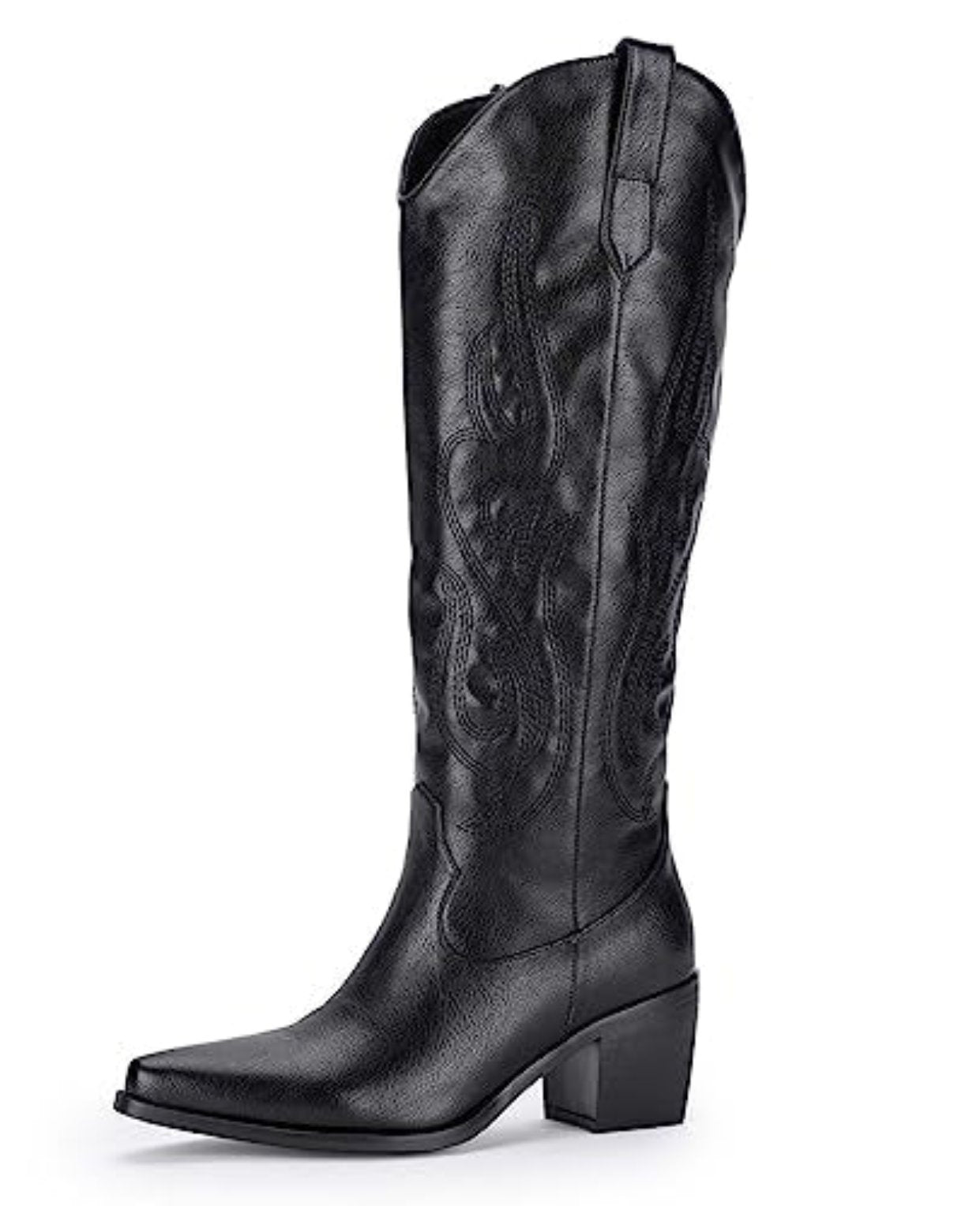 Pasuot Knee-High Wide Calf Cowgirl Boots - Black