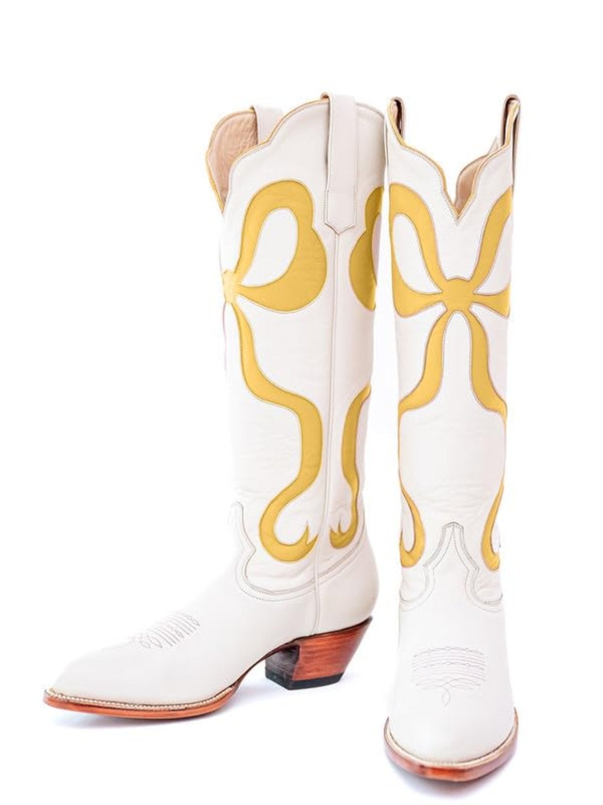 MissHeel Knee High Cowboy Boots Women White Cowboy Boots with Yellow Bows