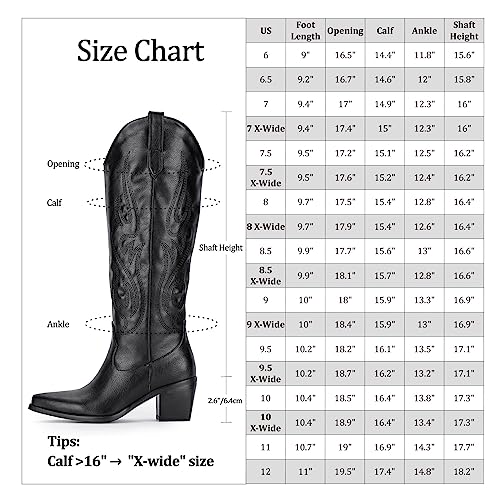 Pasuot Knee-High Wide Calf Cowgirl Boots - Black