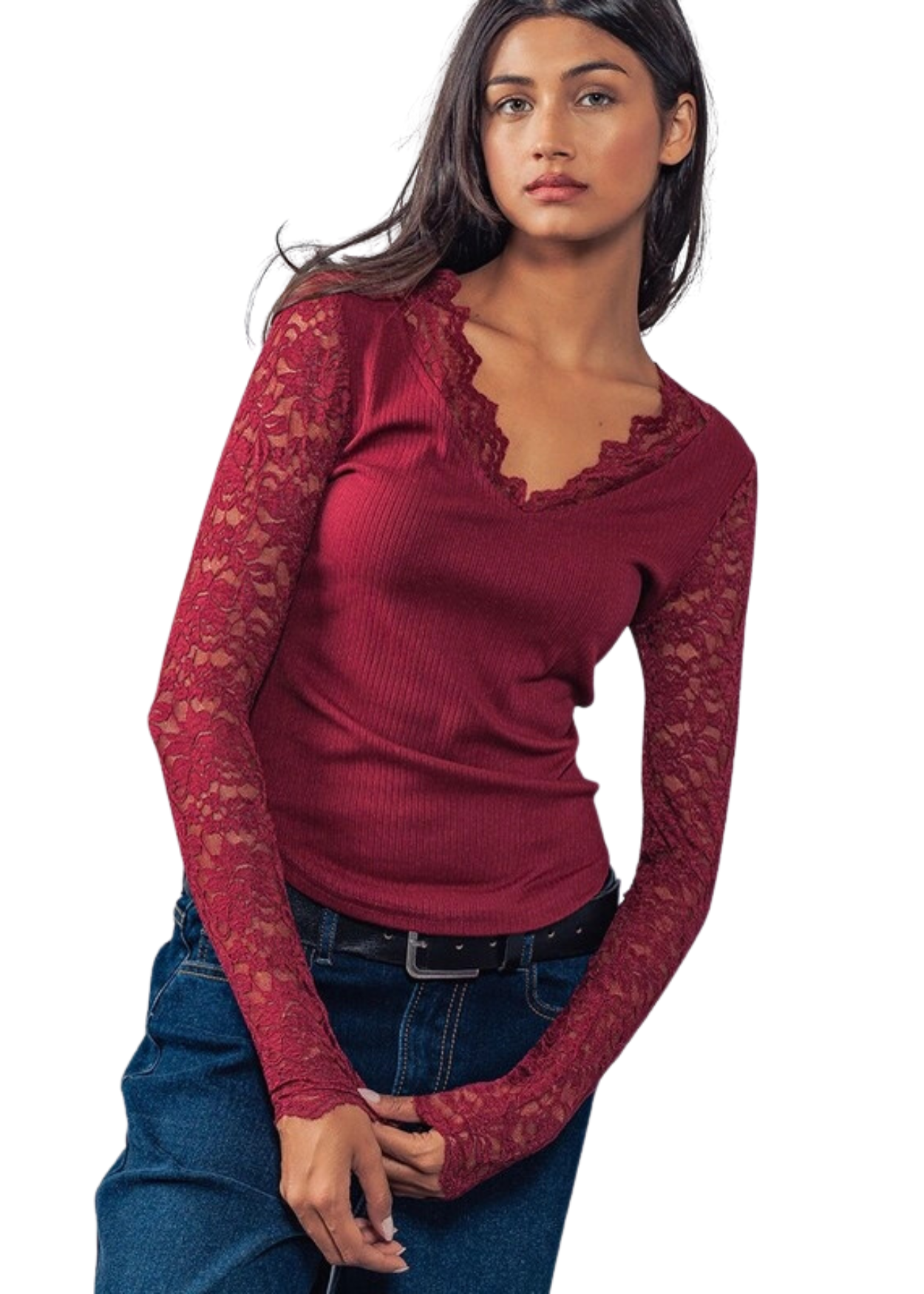 Vivianne Lace Sleeve Top - Burgundy