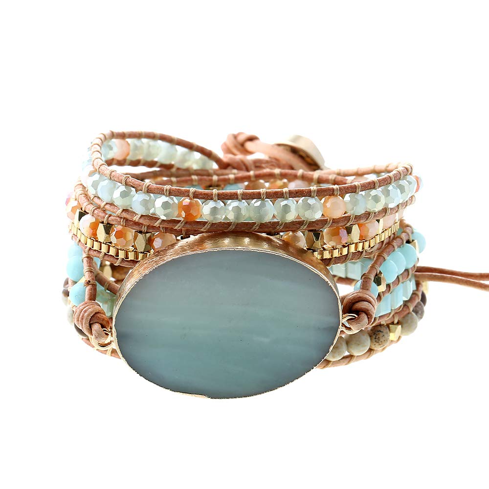 Plumiss Handmade Leather Wrap Natural Amazonite Bracelet