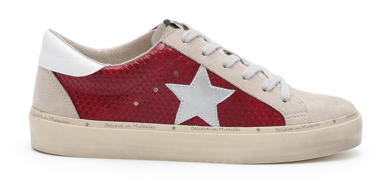 Mi.iM Gaby Rubber Sole Lace-up Snake Print Suede Star Sneakers Red