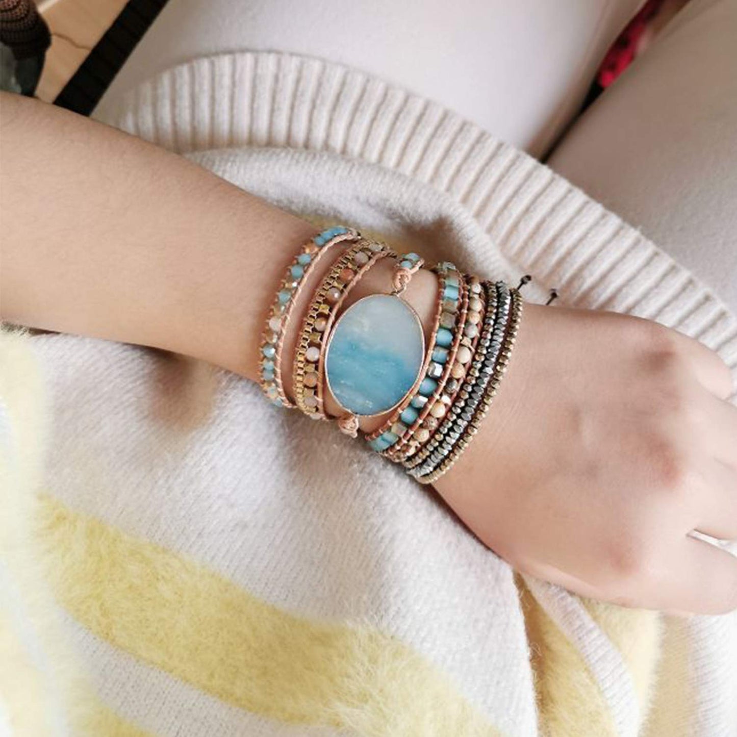 Plumiss Handmade Leather Wrap Natural Amazonite Bracelet