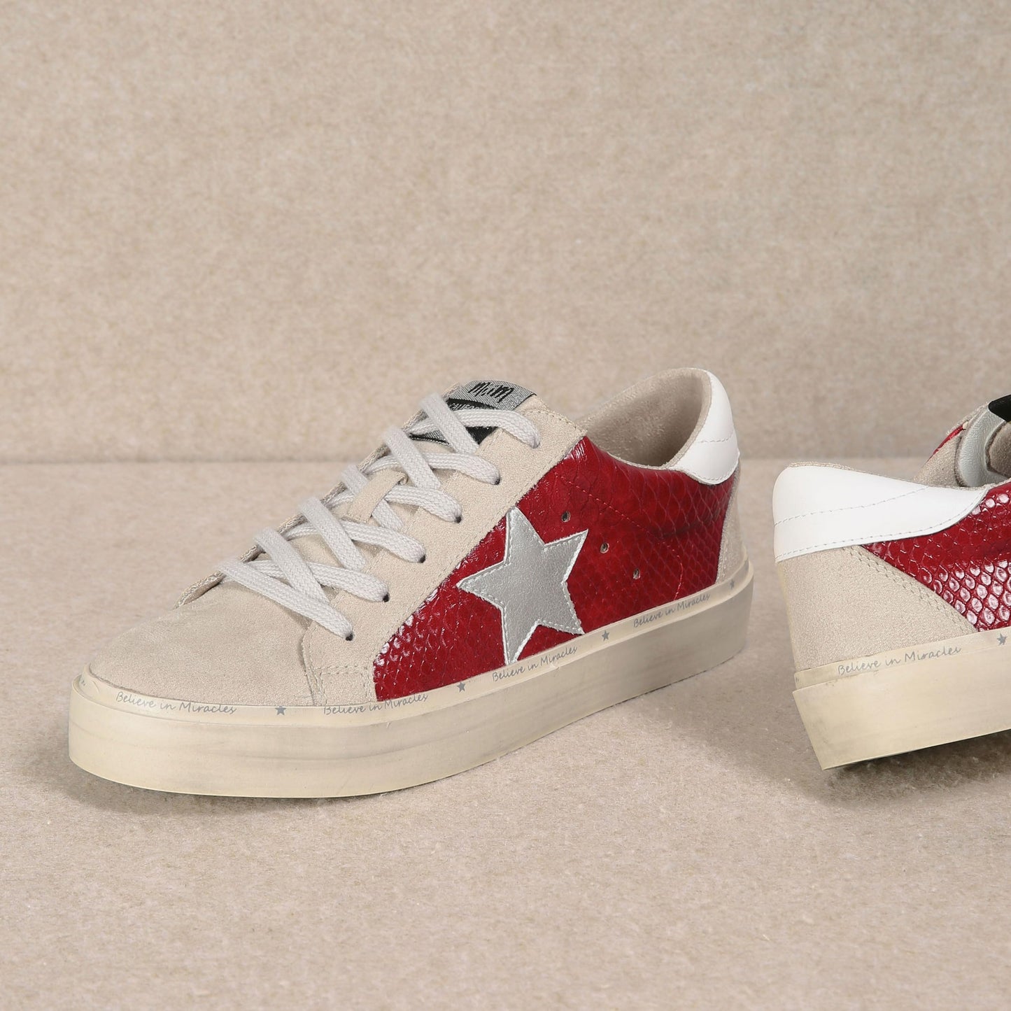 Mi.iM Gaby Rubber Sole Lace-up Snake Print Suede Star Sneakers Red