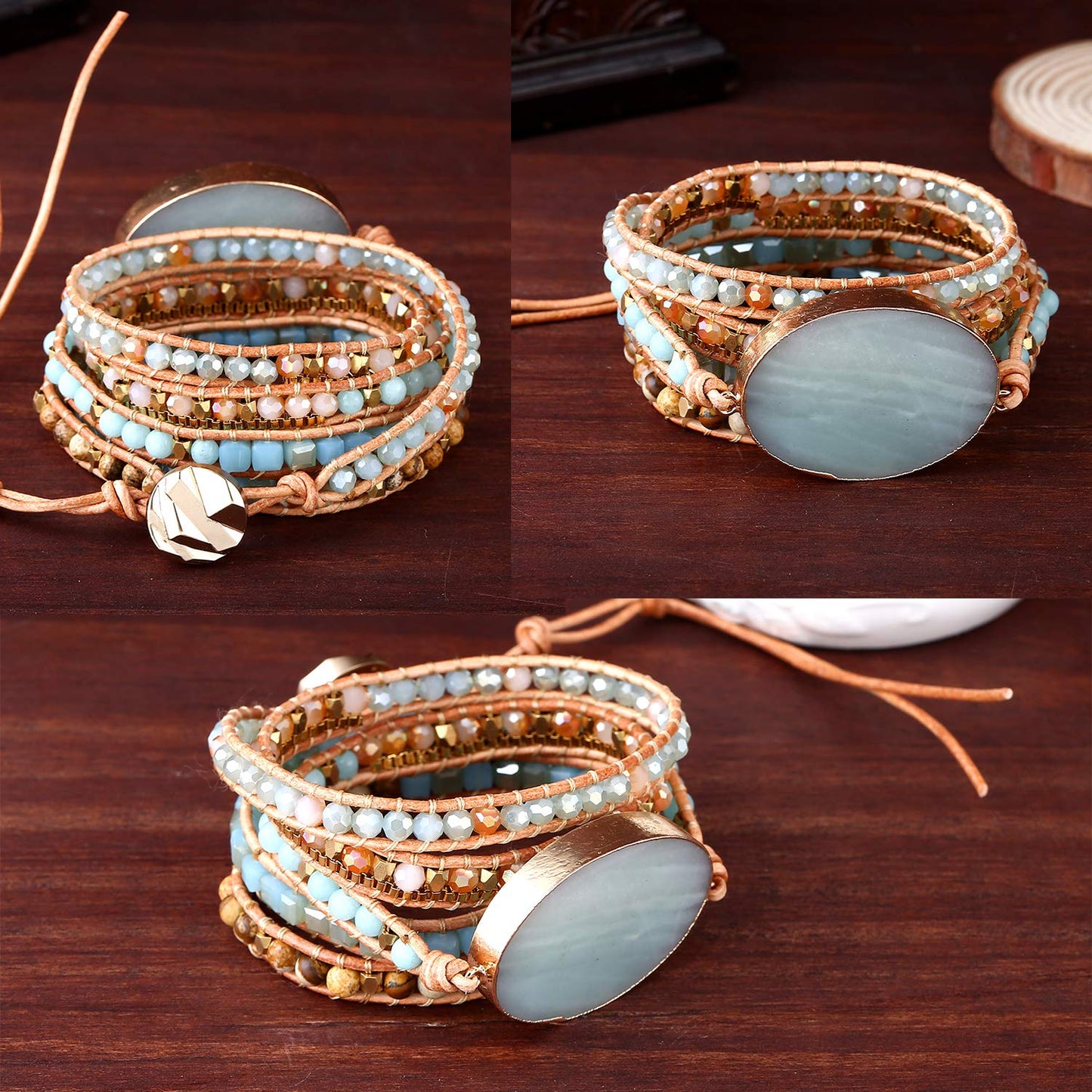 Plumiss Handmade Leather Wrap Natural Amazonite Bracelet