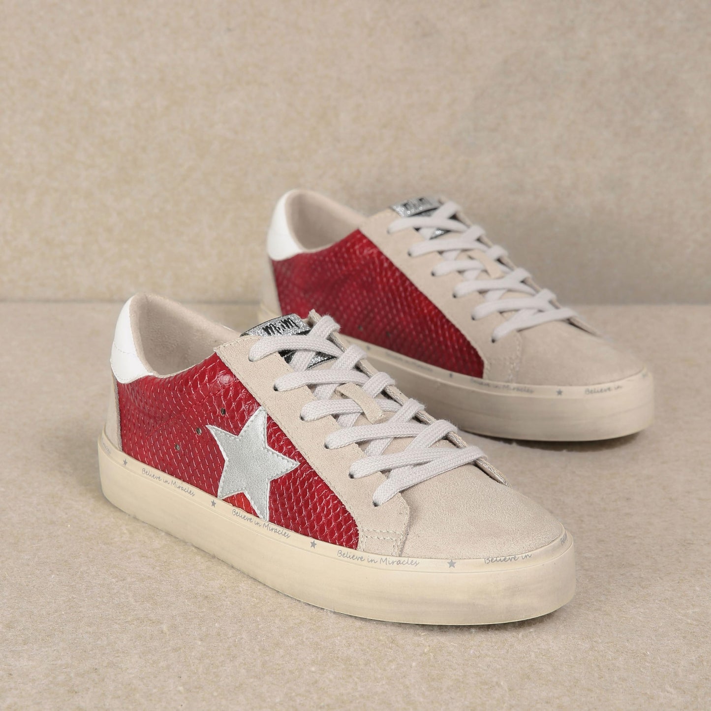 Mi.iM Gaby Rubber Sole Lace-up Snake Print Suede Star Sneakers Red