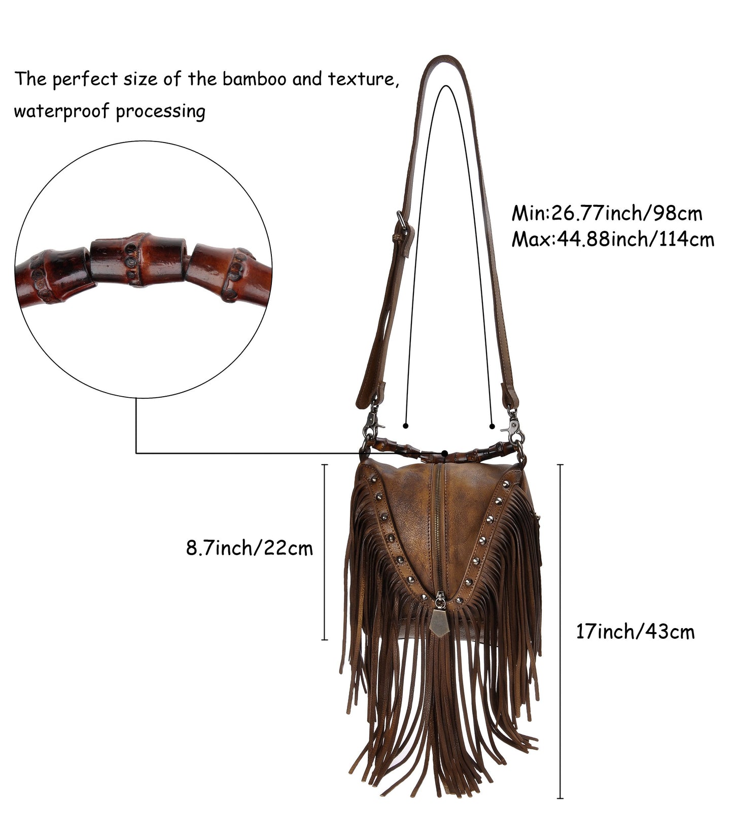 ZLYC Leather Bamboo Hand Strap Fringe Bohemian Tassel Cross Body Bag - Brown