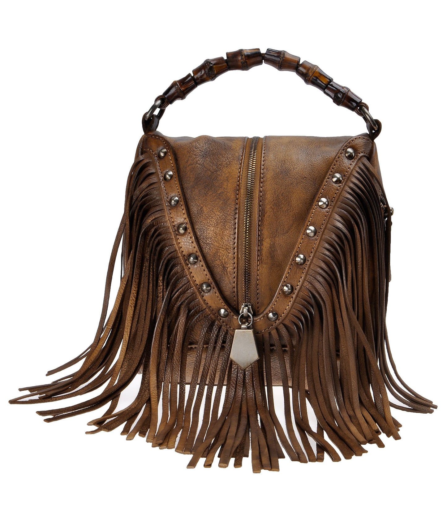 ZLYC Leather Bamboo Hand Strap Fringe Bohemian Tassel Cross Body Bag - Brown