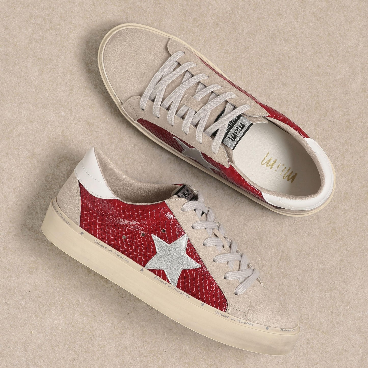 Mi.iM Gaby Rubber Sole Lace-up Snake Print Suede Star Sneakers Red