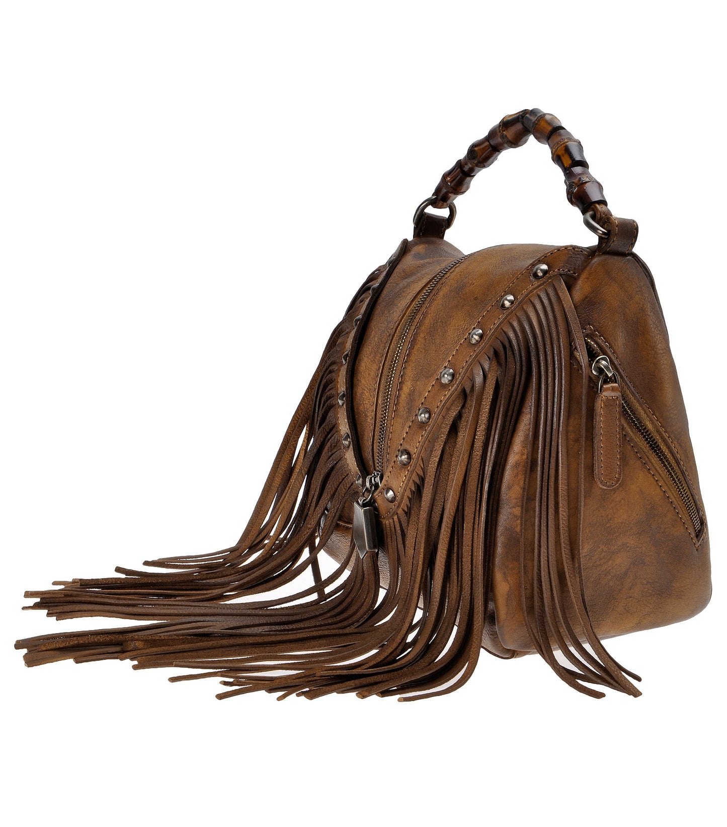 ZLYC Leather Bamboo Hand Strap Fringe Bohemian Tassel Cross Body Bag - Brown