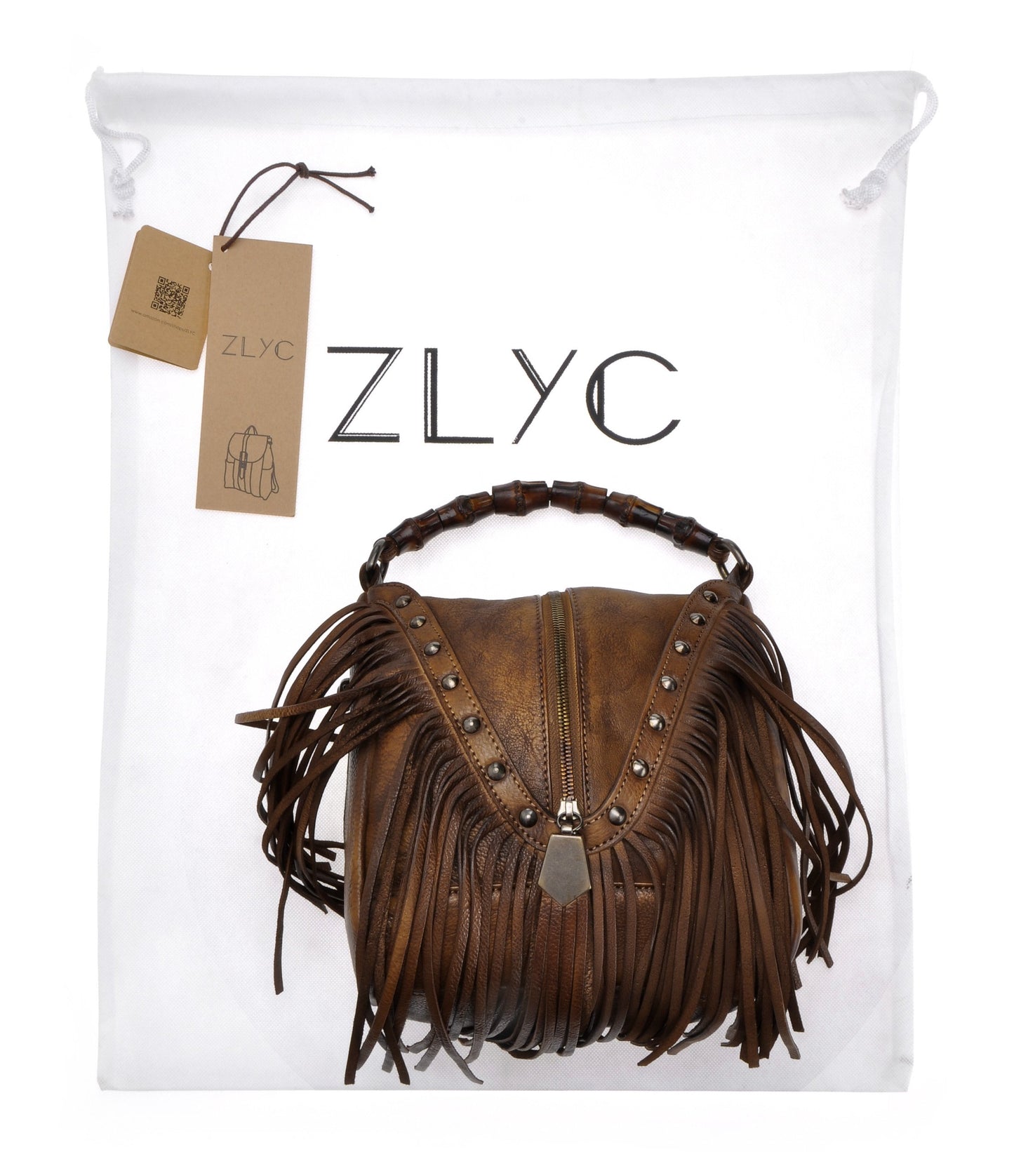 ZLYC Leather Bamboo Hand Strap Fringe Bohemian Tassel Cross Body Bag - Brown