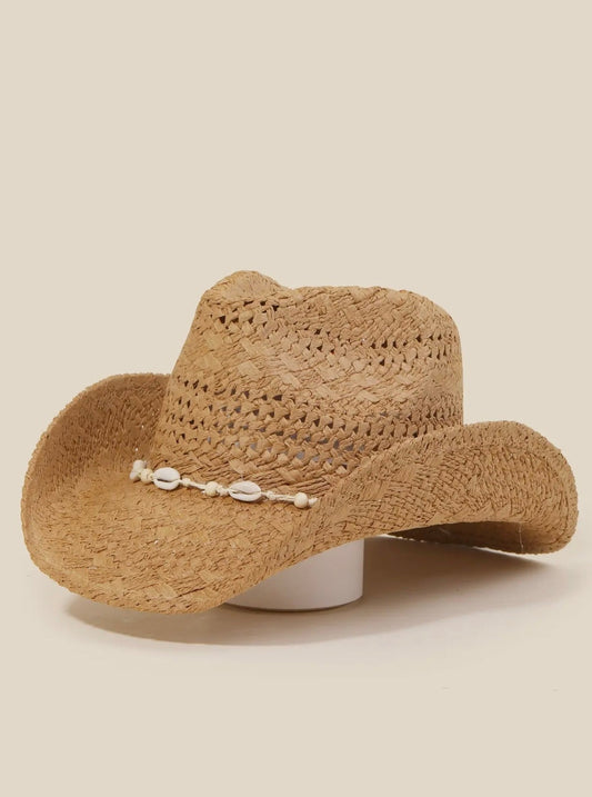 Straw Braid Cowrie Shell Cowboy Hat - Tan