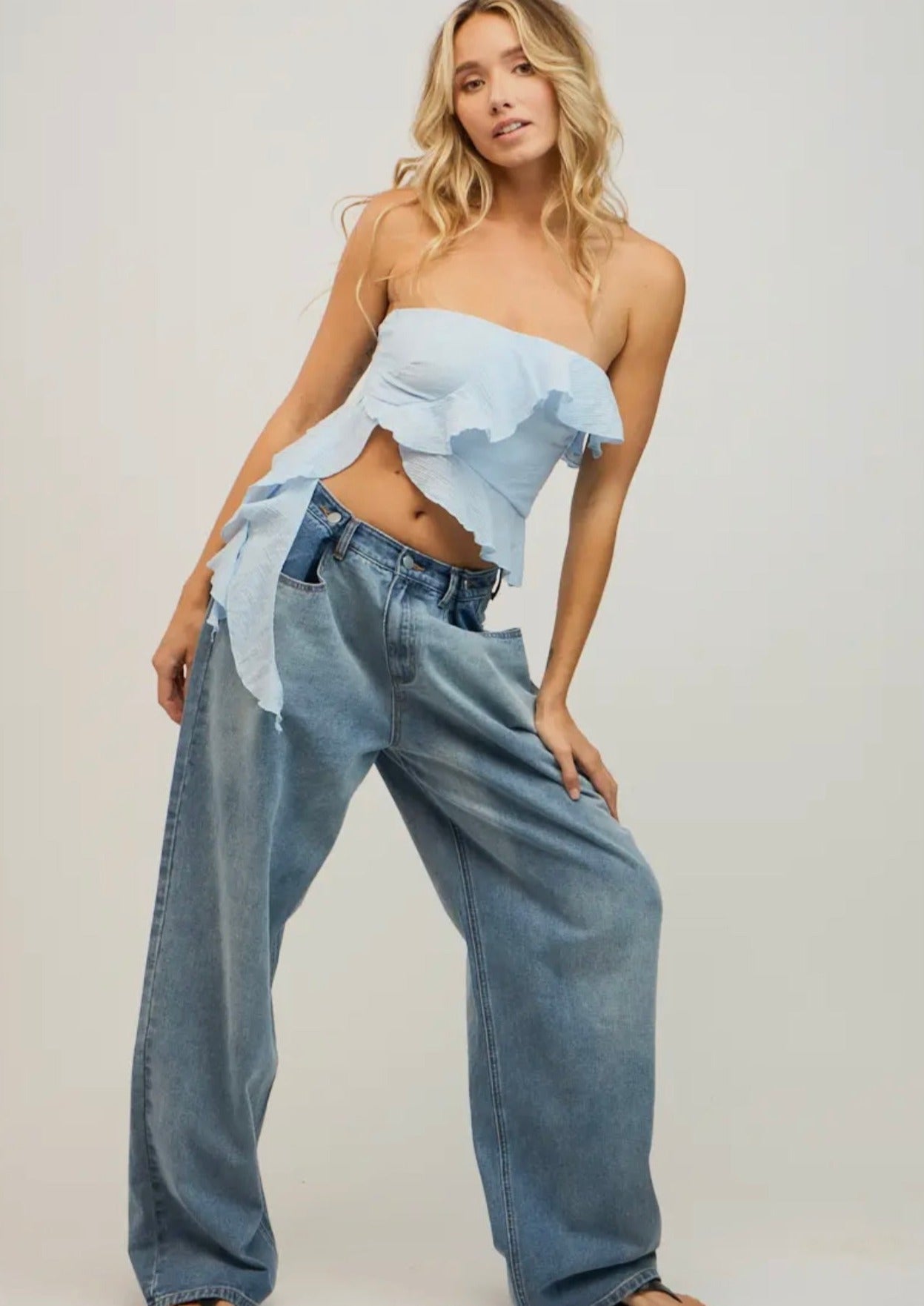 Tiered Ruffle Strapless Crop Top