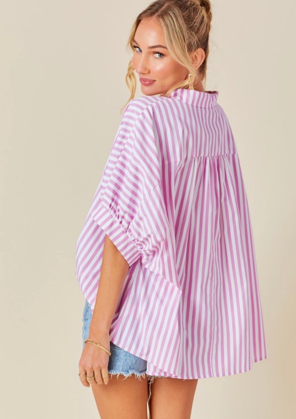 Oversized Button Down Striped Shirt - Pink