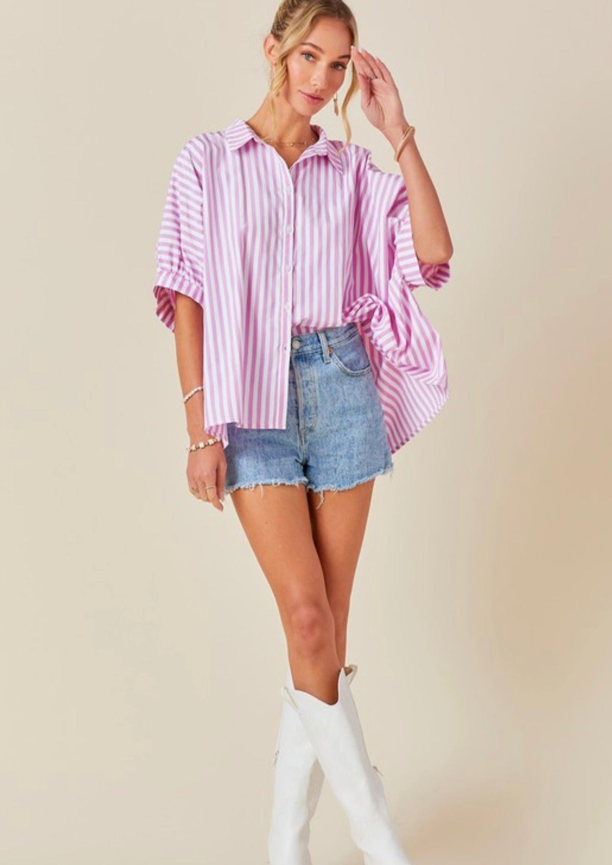 Oversized Button Down Striped Shirt - Pink