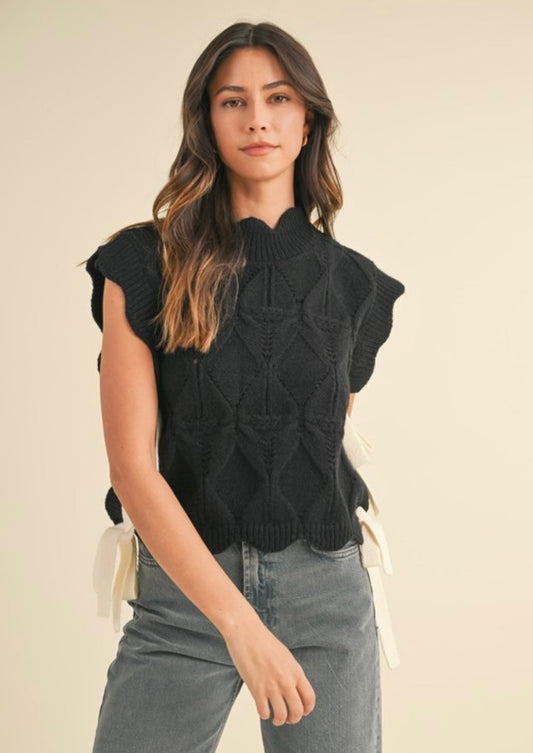 Cable Knit Scalloped Sweater Vest with Contrast Side Bow - Black