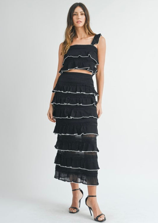 Contrast Edge Ruffle Knit Top and Skirt Set