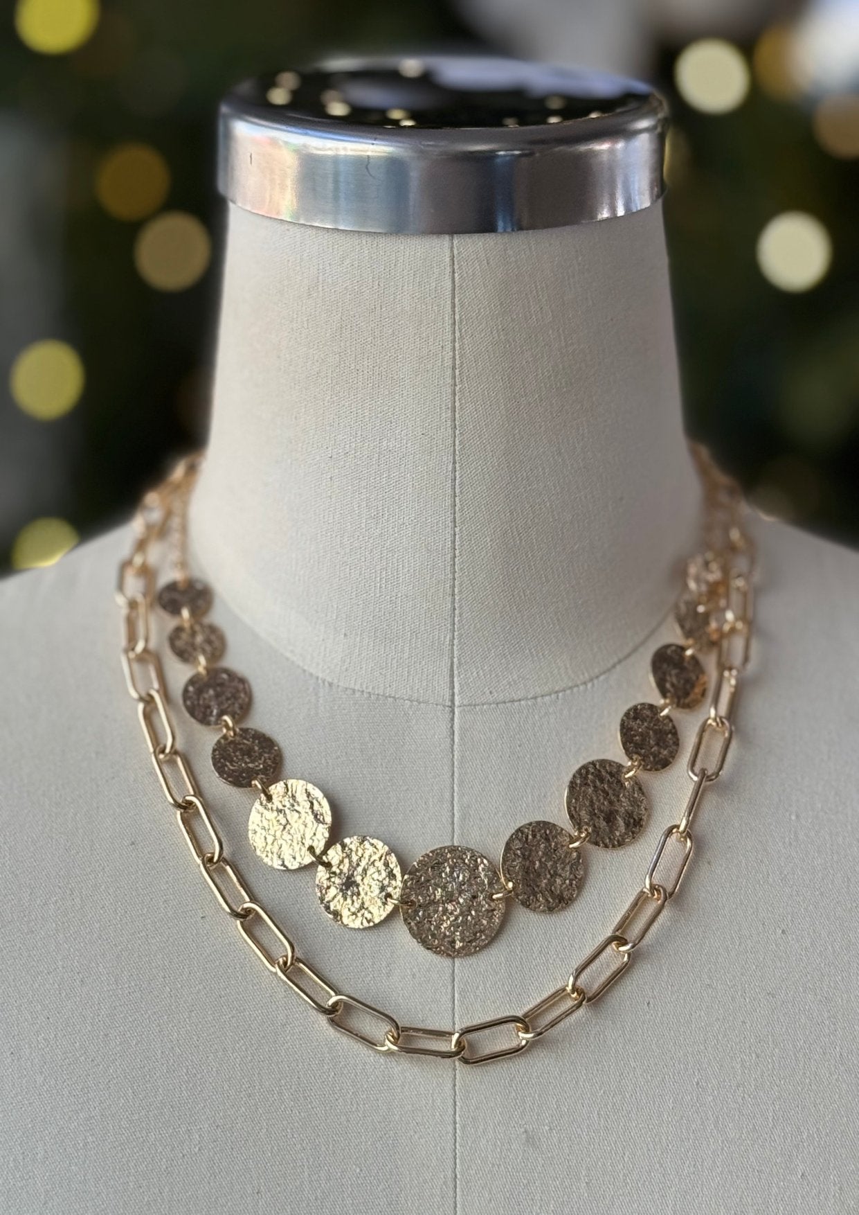 Two Layer Hammered Gold Circle Necklace