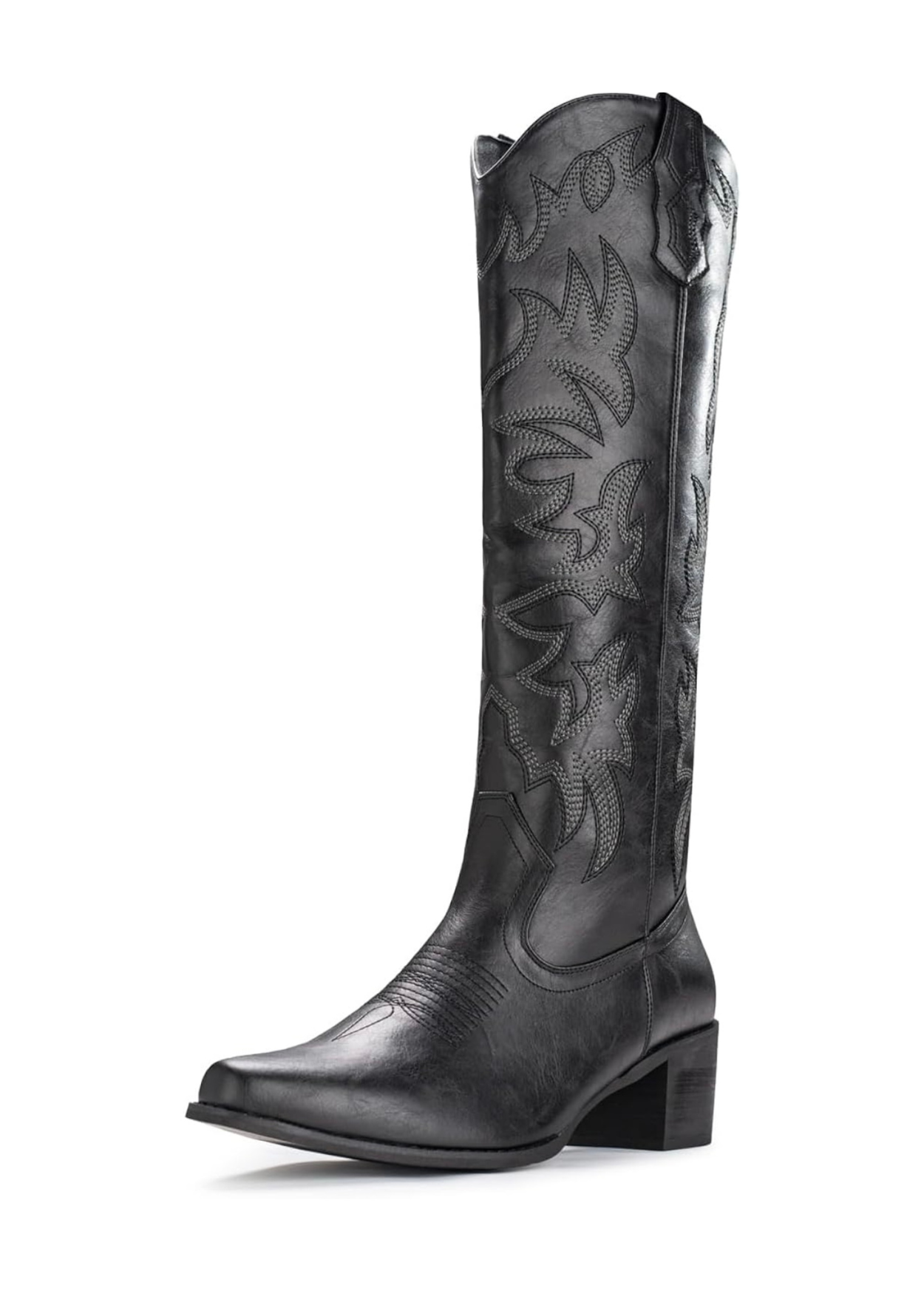 Pasuot Knee-High Wide Calf Cowgirl Boots - Black