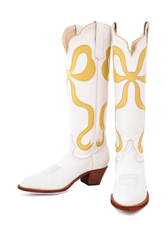 MissHeel Knee High Cowboy Boots Women White Cowboy Boots with Yellow Bows