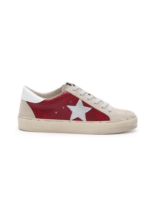 Mi.iM Gaby Rubber Sole Lace-up Snake Print Suede Star Sneakers Red