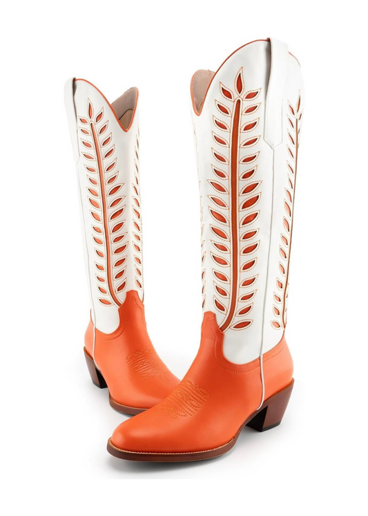 DREAMCIA Women's Knee High Boots Cowboy Boots for Women Orange